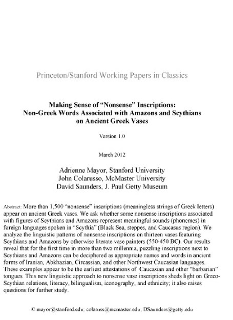 MAKING SENSE OF NONSENSE INSCRIPTIONS : NON-GREEK WORLDS ASSOCIATED WITH AMAZONS AND SCYTHIANS ON ANCIENT GREEK VASES