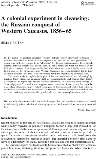 A COLONIAL EXPERIMENT IN CLEASING : THE RUSSIAN CONQUEST OF WESTERN CAUCASUS 1856-65