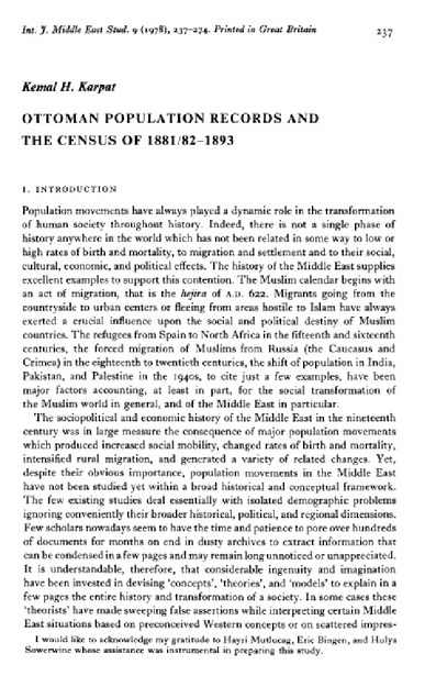 OTTOMAN POPULATION RECORDS AND THE CENSUS OF 1881/82-1893